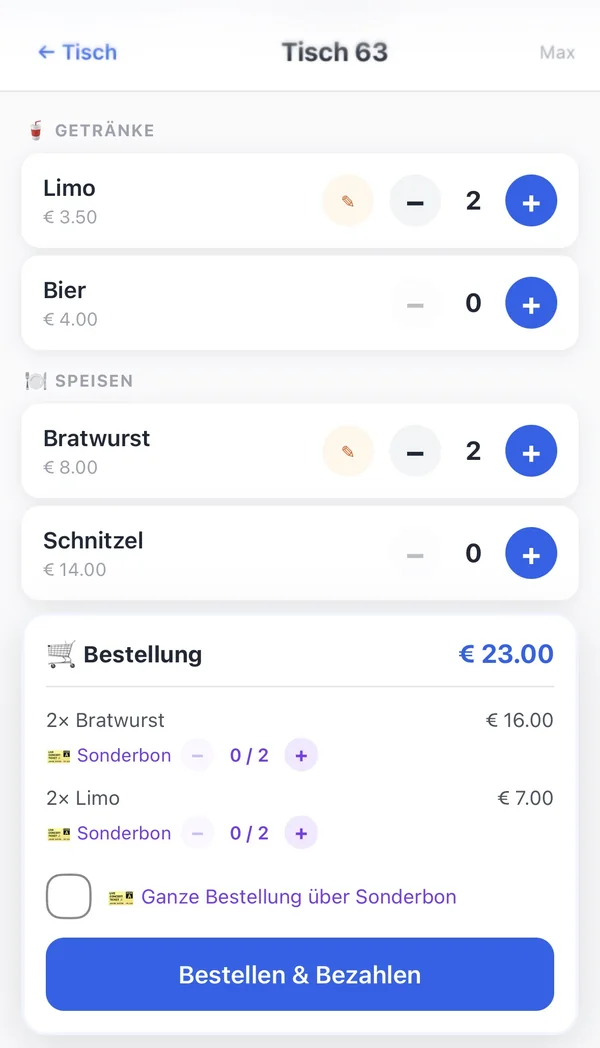 Bestellung am Handy: Artikel antippen, Menge anpassen